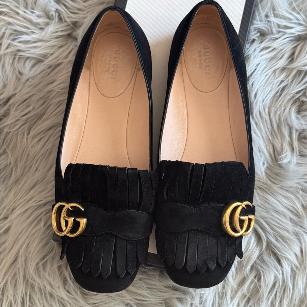Gucci Marmont Black Velvet Fringe Loafers Flats 38.5